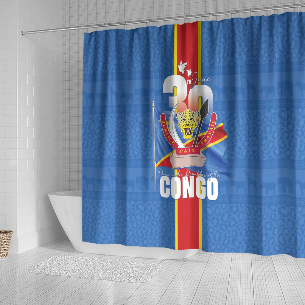 DR Congo Independence Day Shower Curtain Leopard Pattern With Coat Of Arms