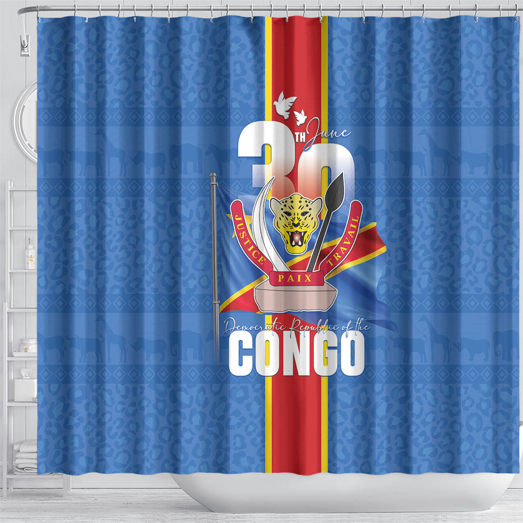 DR Congo Independence Day Shower Curtain Leopard Pattern With Coat Of Arms