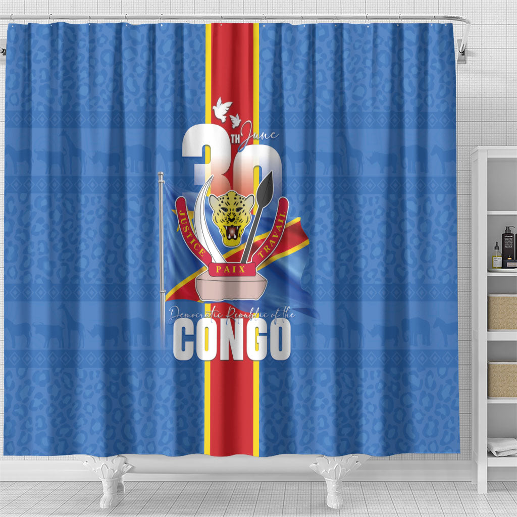 DR Congo Independence Day Shower Curtain Leopard Pattern With Coat Of Arms