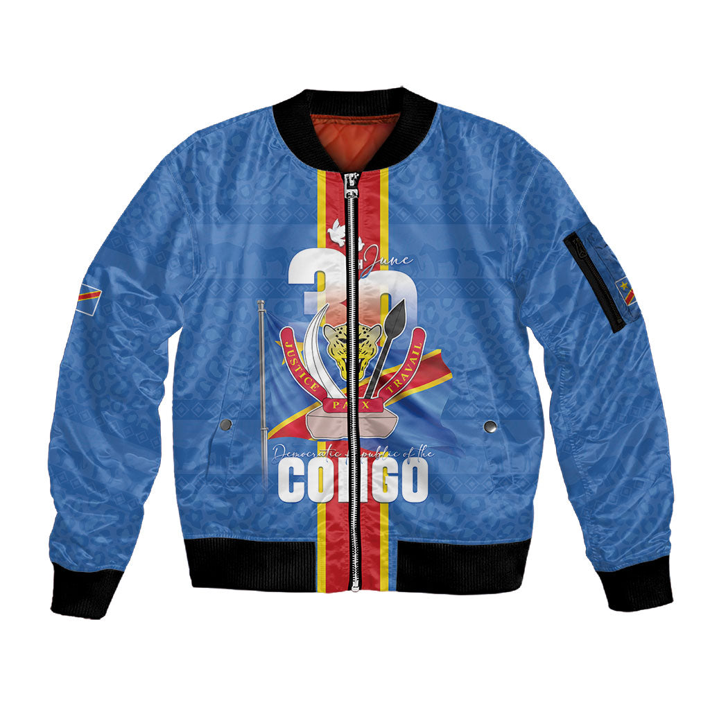 DR Congo Independence Day Sleeve Zip Bomber Jacket Leopard Pattern With Coat Of Arms