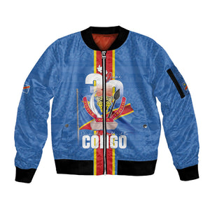 DR Congo Independence Day Sleeve Zip Bomber Jacket Leopard Pattern With Coat Of Arms
