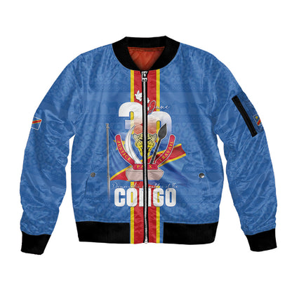 DR Congo Independence Day Sleeve Zip Bomber Jacket Leopard Pattern With Coat Of Arms