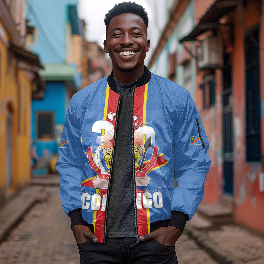 DR Congo Independence Day Sleeve Zip Bomber Jacket Leopard Pattern With Coat Of Arms