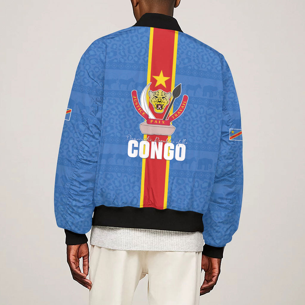 DR Congo Independence Day Sleeve Zip Bomber Jacket Leopard Pattern With Coat Of Arms