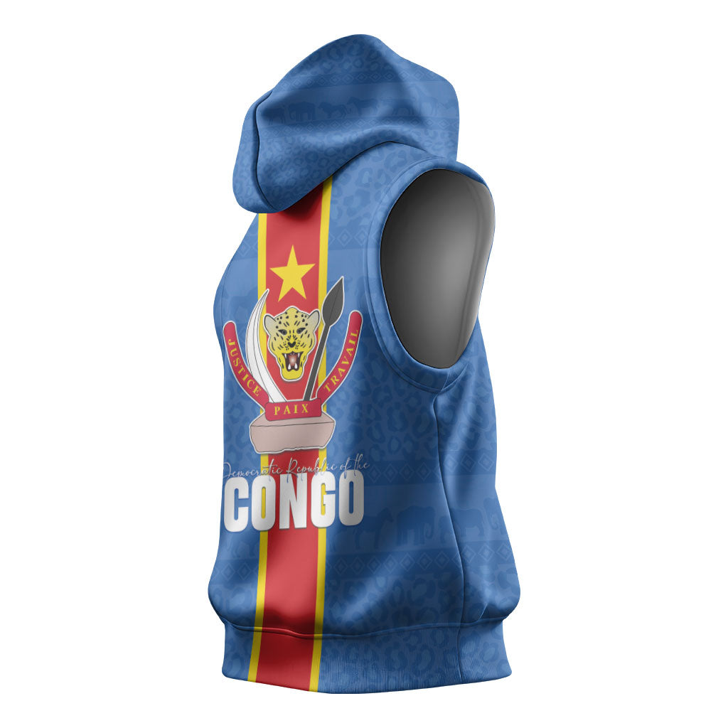 DR Congo Independence Day Sleeveless Hoodie Leopard Pattern With Coat Of Arms
