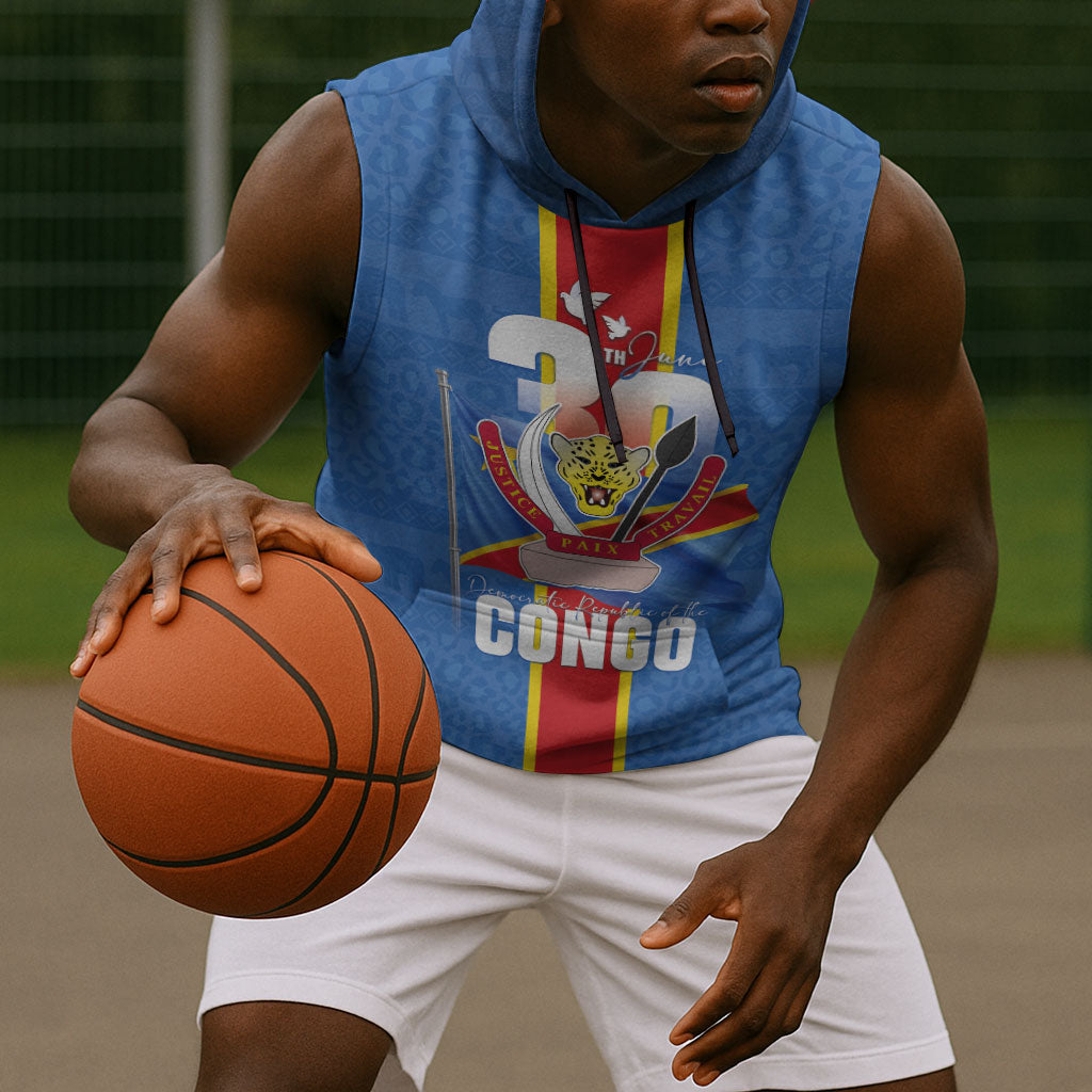 DR Congo Independence Day Sleeveless Hoodie Leopard Pattern With Coat Of Arms