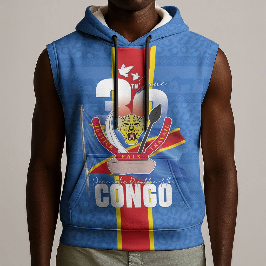 DR Congo Independence Day Sleeveless Hoodie Leopard Pattern With Coat Of Arms