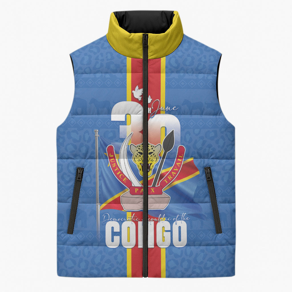 DR Congo Independence Day Sleeveless Puffer Jacket Leopard Pattern With Coat Of Arms