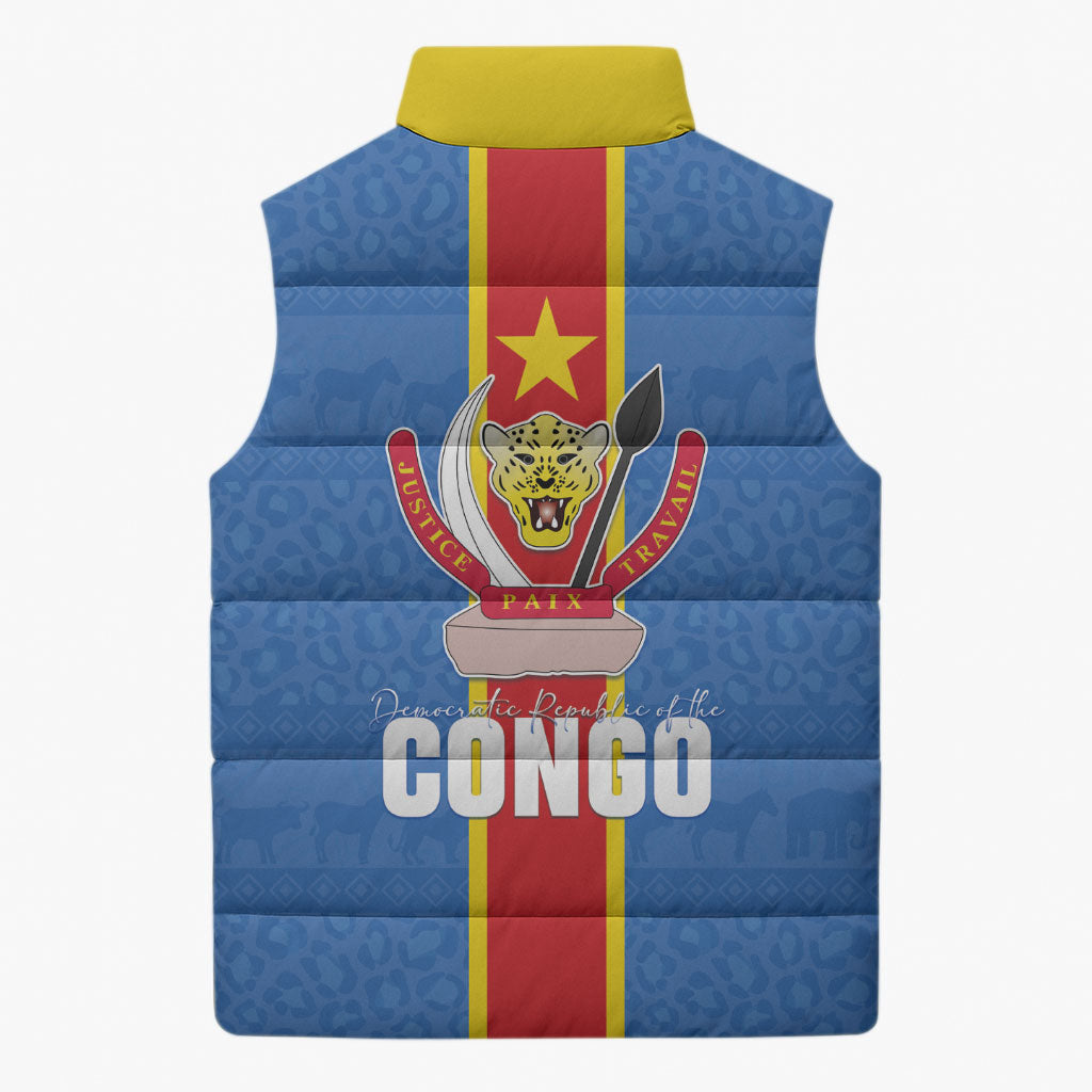 DR Congo Independence Day Sleeveless Puffer Jacket Leopard Pattern With Coat Of Arms