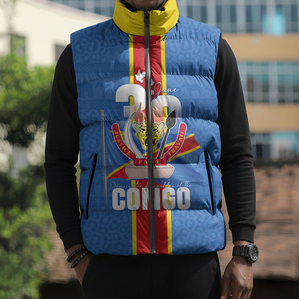 DR Congo Independence Day Sleeveless Puffer Jacket Leopard Pattern With Coat Of Arms