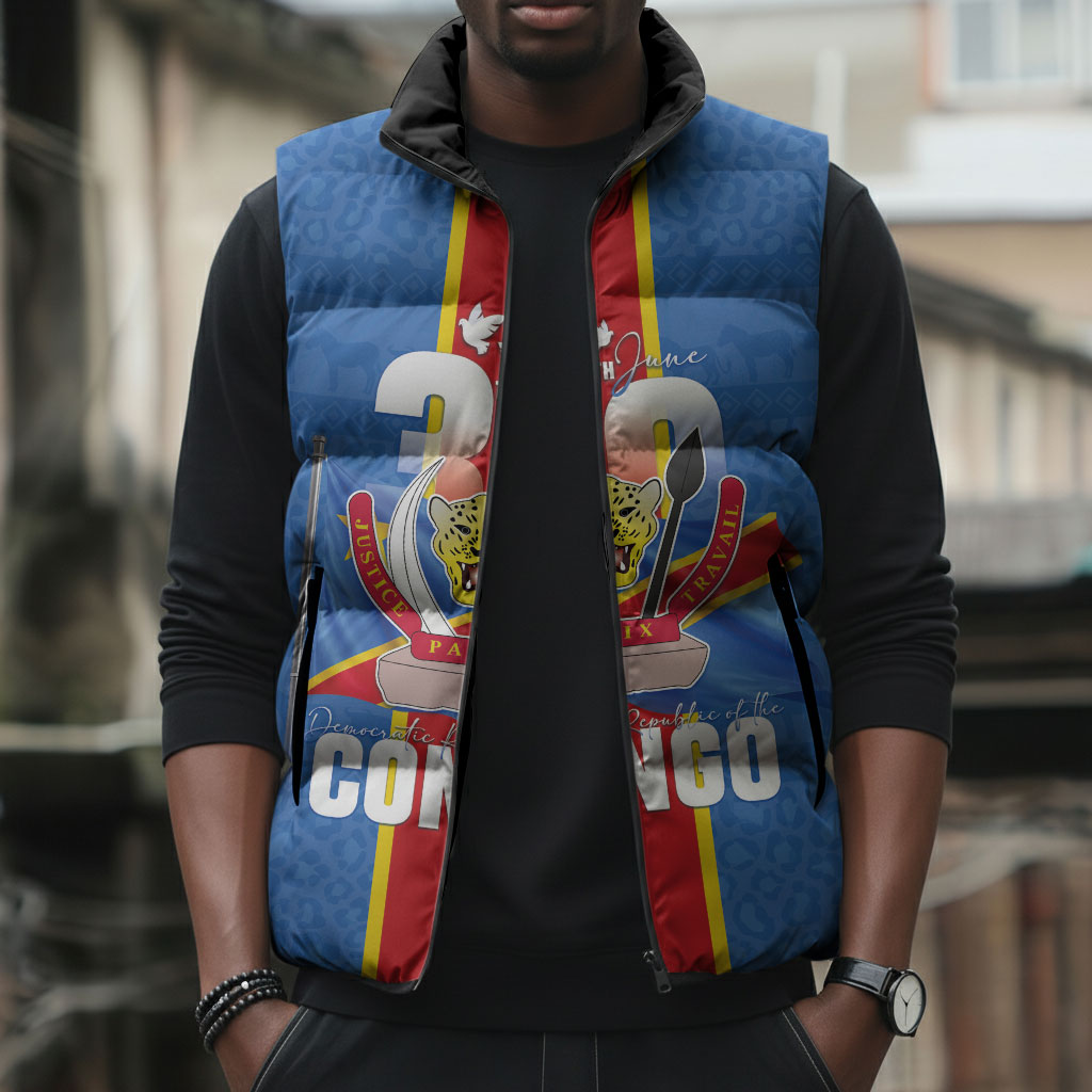 DR Congo Independence Day Sleeveless Puffer Jacket Leopard Pattern With Coat Of Arms
