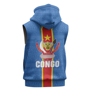DR Congo Independence Day Sleeveless Zip Hoodie Leopard Pattern With Coat Of Arms