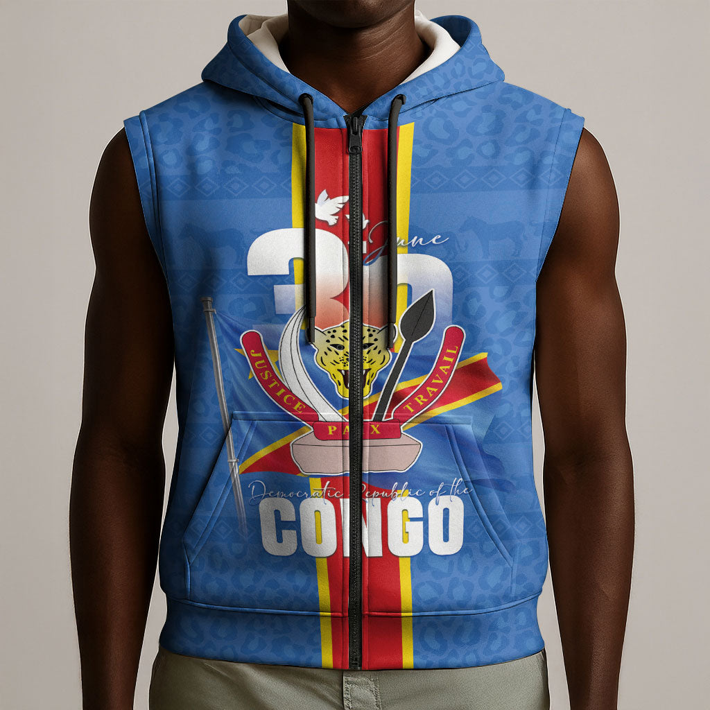 DR Congo Independence Day Sleeveless Zip Hoodie Leopard Pattern With Coat Of Arms