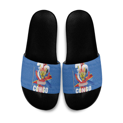 DR Congo Independence Day Slide Sandals Leopard Pattern With Coat Of Arms