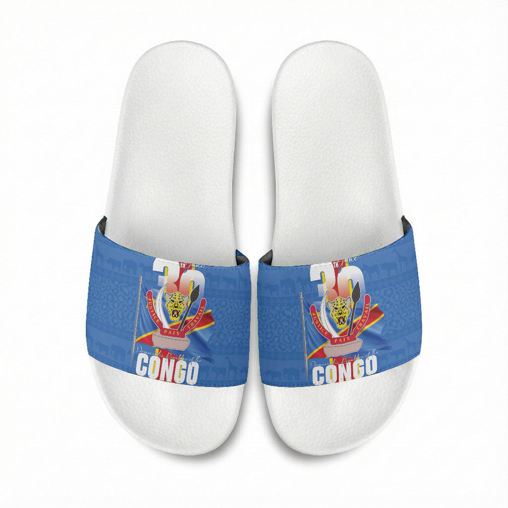 DR Congo Independence Day Slide Sandals Leopard Pattern With Coat Of Arms