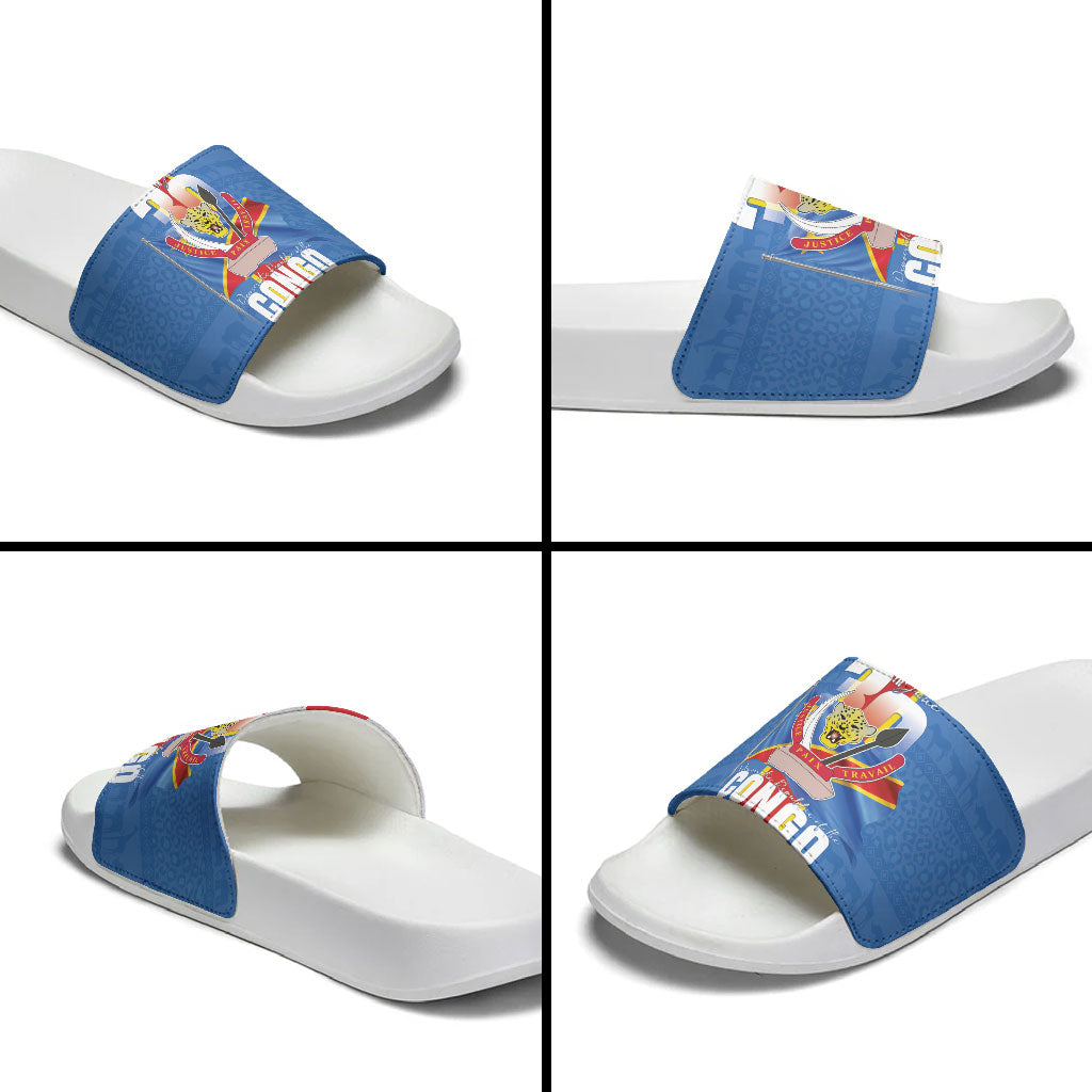 DR Congo Independence Day Slide Sandals Leopard Pattern With Coat Of Arms