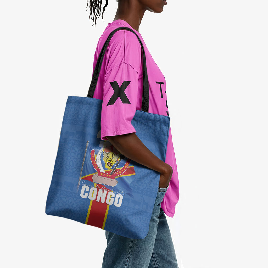 DR Congo Independence Day Tote Bag Leopard Pattern With Coat Of Arms