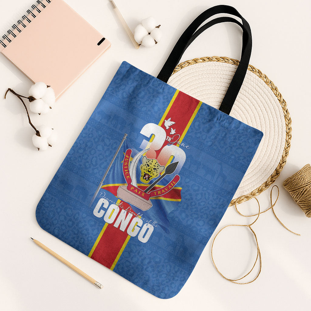 DR Congo Independence Day Tote Bag Leopard Pattern With Coat Of Arms