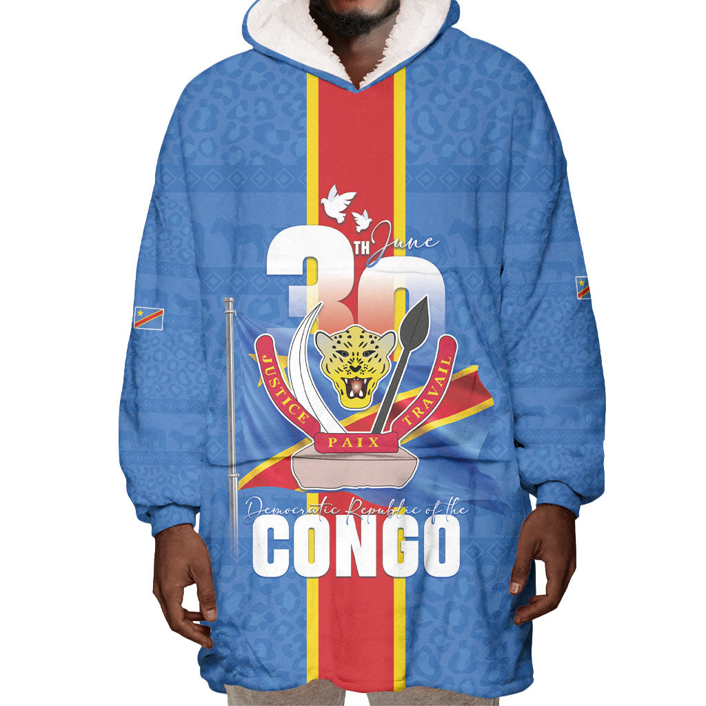 DR Congo Independence Day Wearable Blanket Hoodie Leopard Pattern With Coat Of Arms