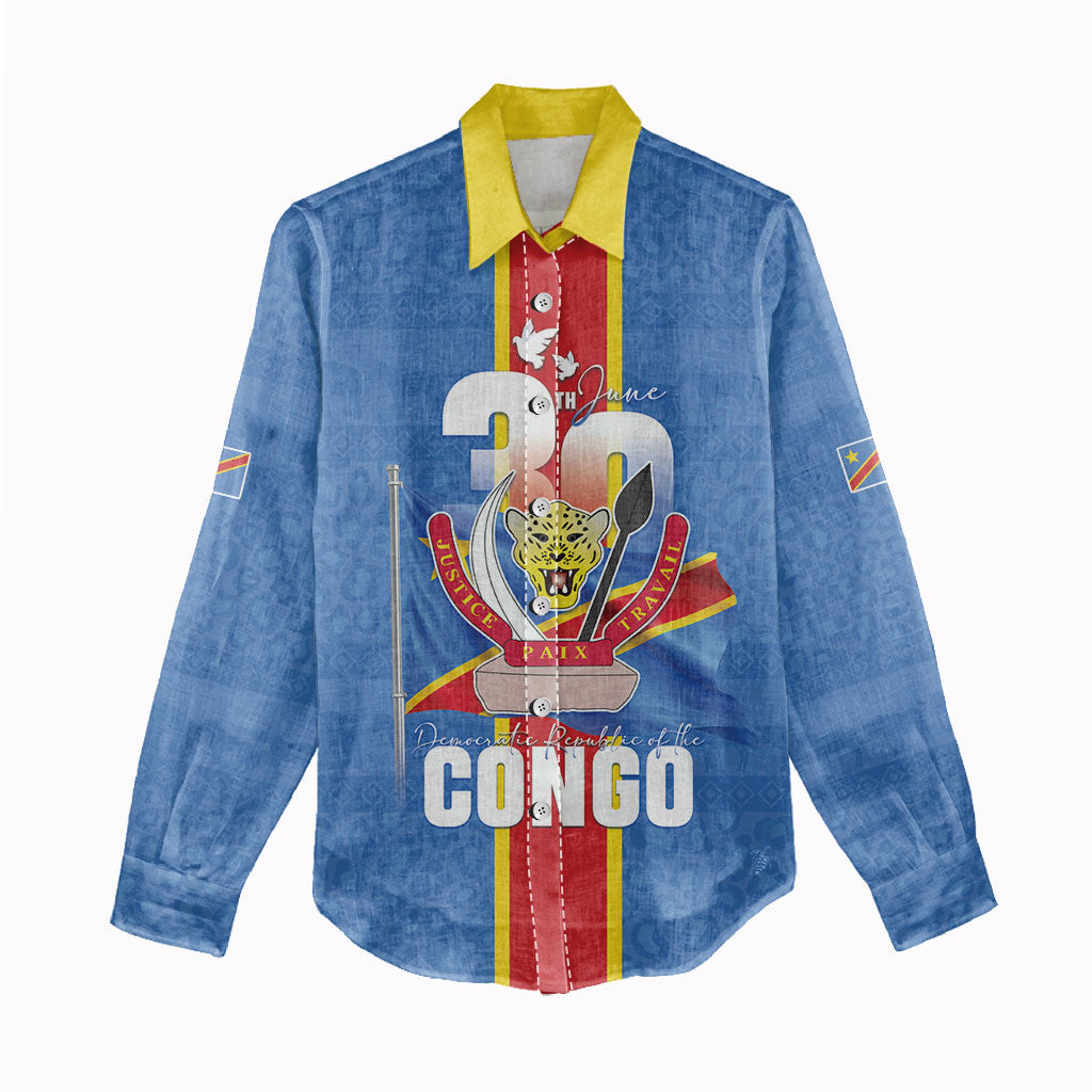 DR Congo Independence Day Women Casual Shirt Leopard Pattern With Coat Of Arms