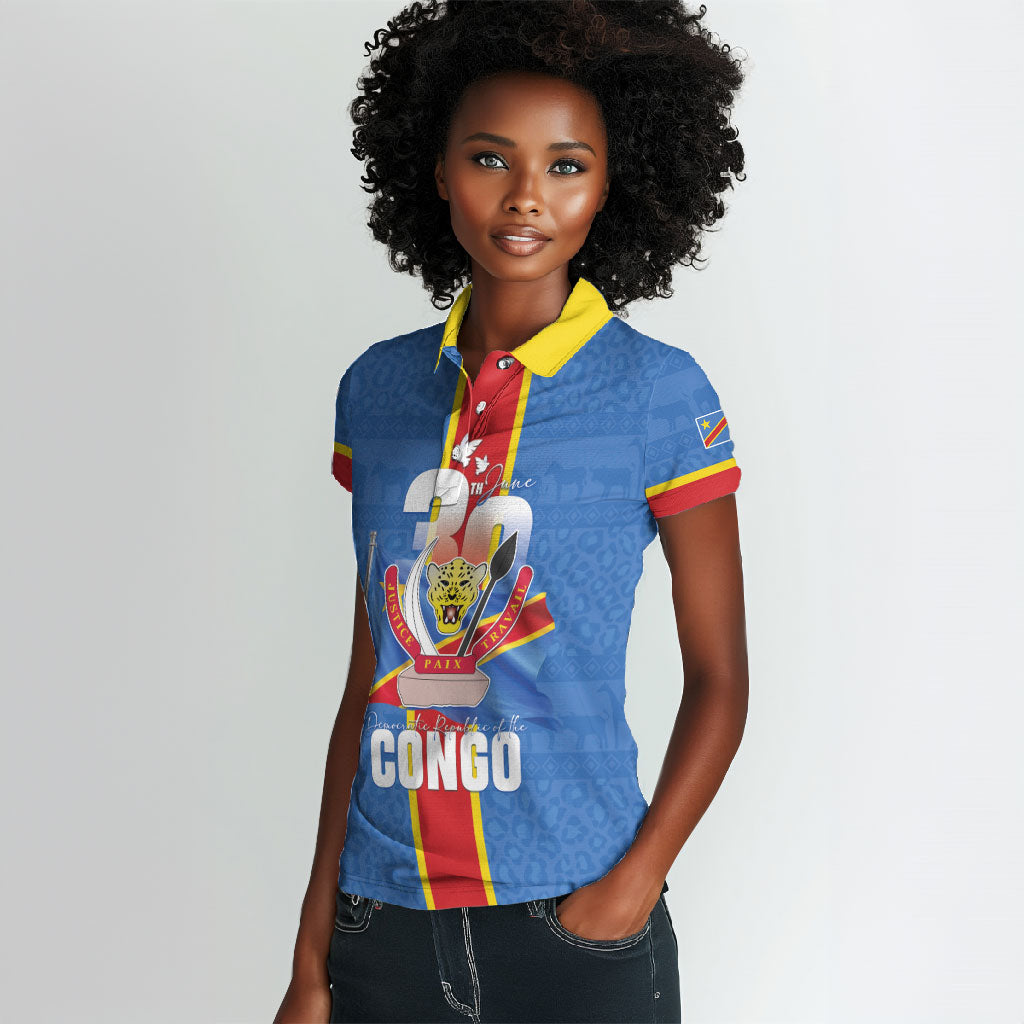 DR Congo Independence Day Women Polo Shirt Leopard Pattern With Coat Of Arms
