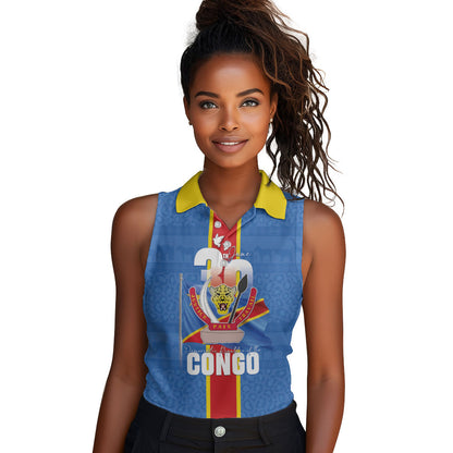 DR Congo Independence Day Women Sleeveless Polo Shirt Leopard Pattern With Coat Of Arms