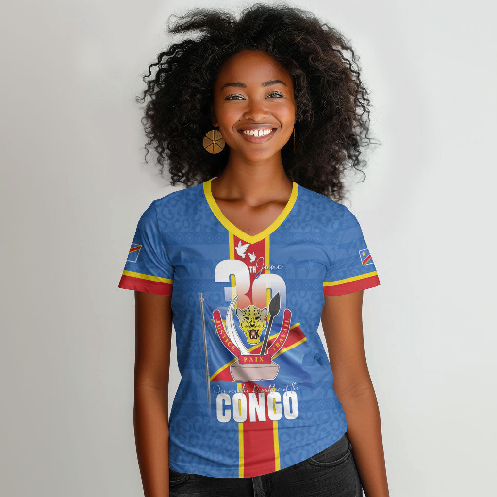 DR Congo Independence Day Women V-Neck T-Shirt Leopard Pattern With Coat Of Arms