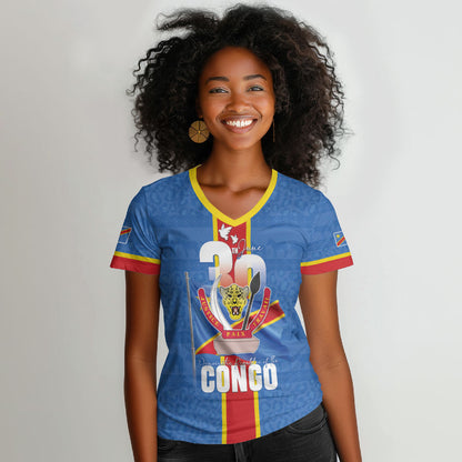 DR Congo Independence Day Women V-Neck T-Shirt Leopard Pattern With Coat Of Arms