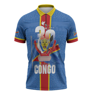 DR Congo Independence Day Zipper Polo Shirt Leopard Pattern With Coat Of Arms