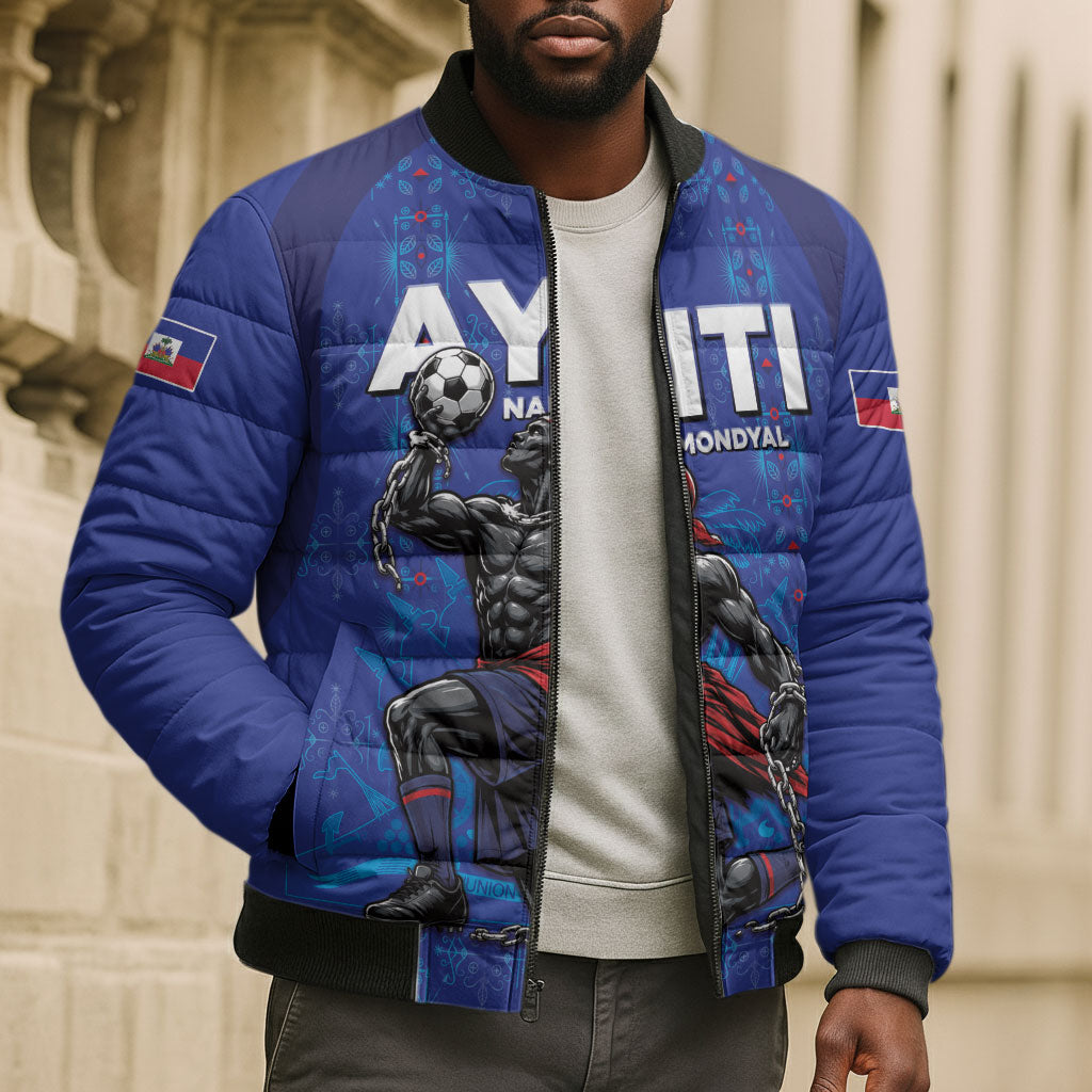 Custom Haiti Ayiti Nan Mondyal 2026 Bomber Puffer Jacket Fyete Lit Victwa Blue Version