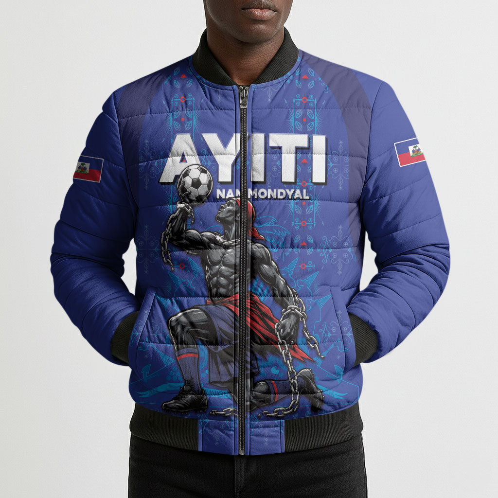 Custom Haiti Ayiti Nan Mondyal 2026 Bomber Puffer Jacket Fyete Lit Victwa Blue Version