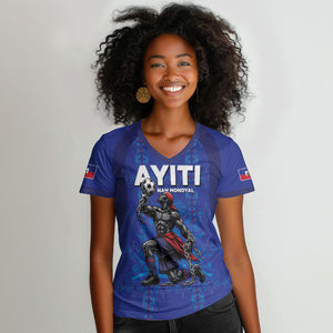 Custom Haiti Ayiti Nan Mondyal 2026 Women V-Neck T-Shirt Fyete Lit Victwa Blue Version