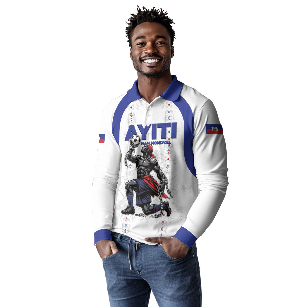 Custom Haiti Ayiti Nan Mondyal 2026 Long Sleeve Polo Shirt Fyete Lit Victwa White Version