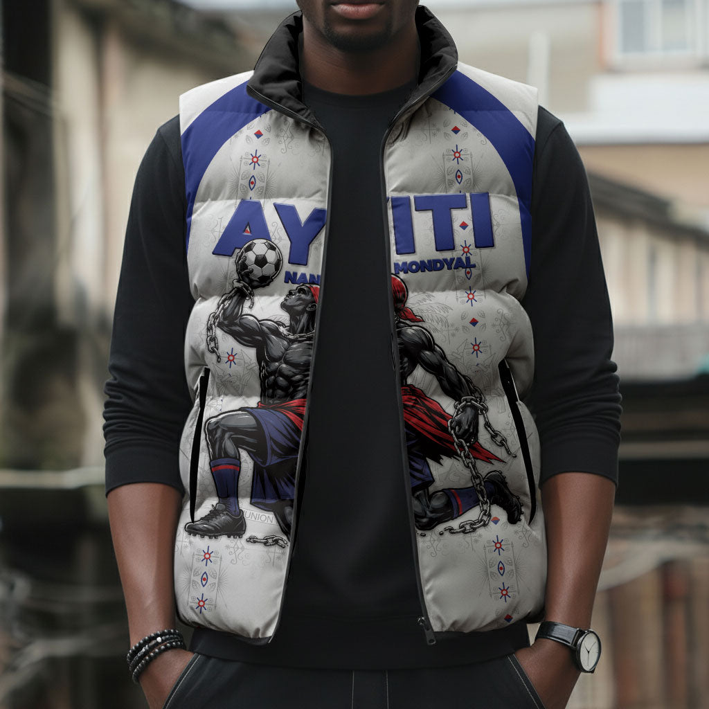 Custom Haiti Ayiti Nan Mondyal 2026 Sleeveless Puffer Jacket Fyete Lit Victwa White Version