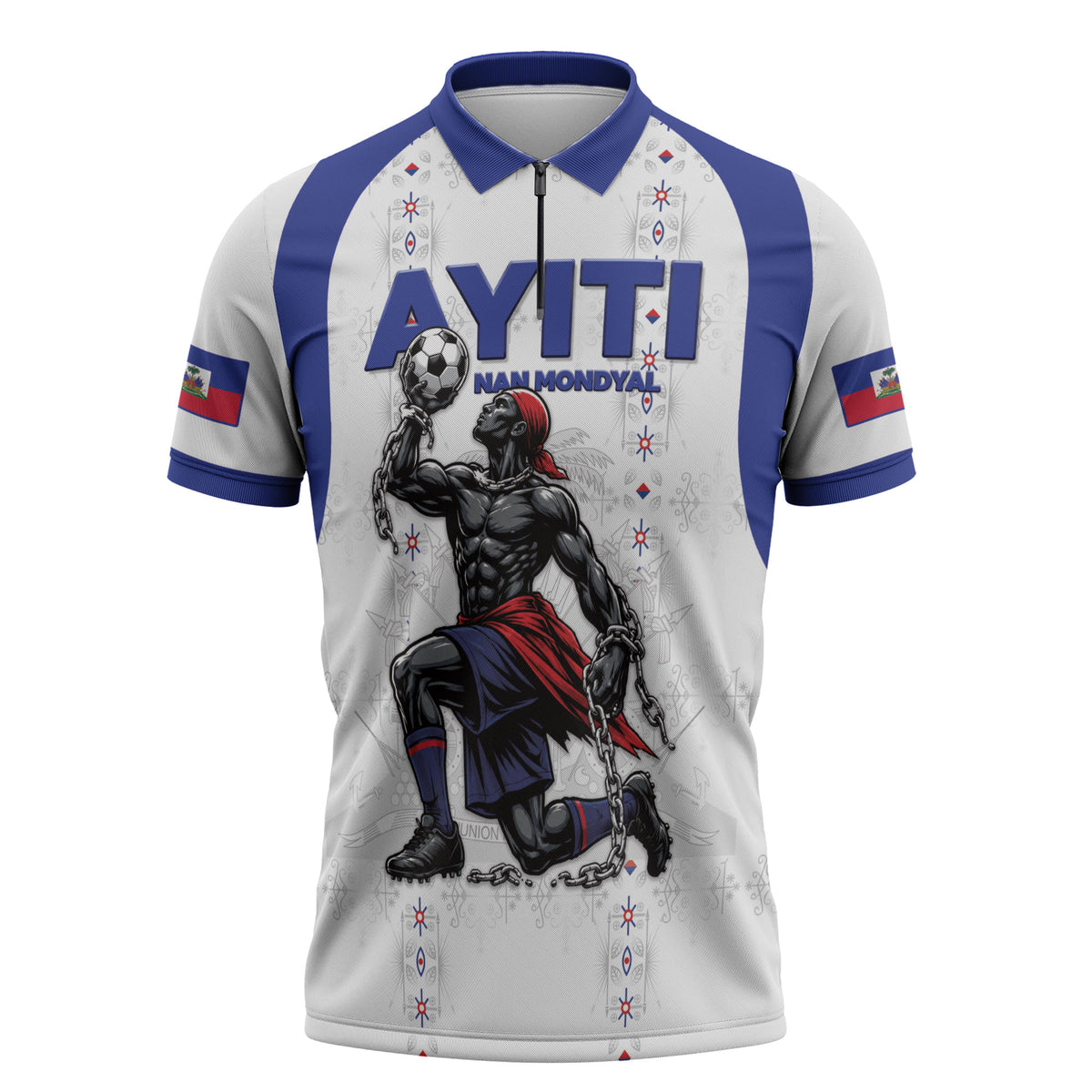 Custom Haiti Ayiti Nan Mondyal 2026 Zipper Polo Shirt Fyete Lit Victwa White Version