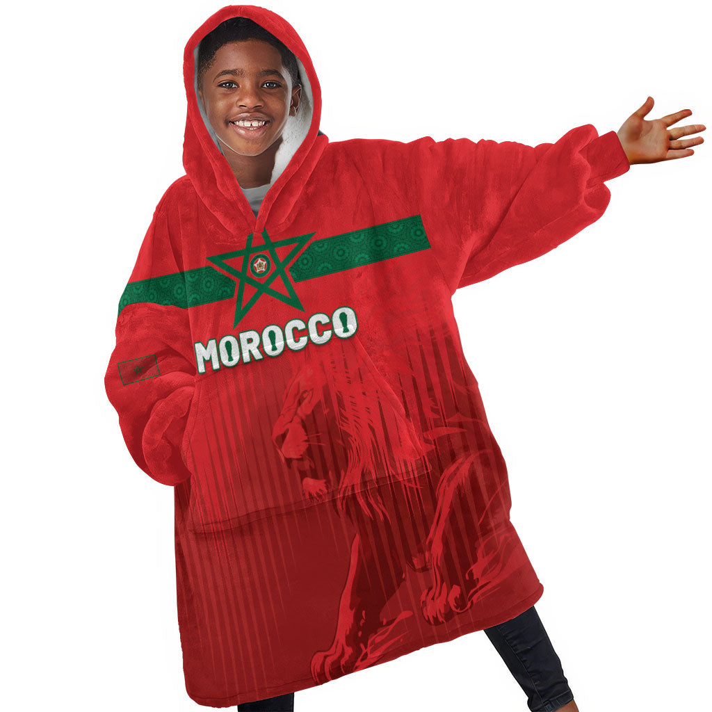 Custom Morocco Football 2026 Kid Wearable Blanket Hoodie Atlas Lions Breathtaking Victory Red Version