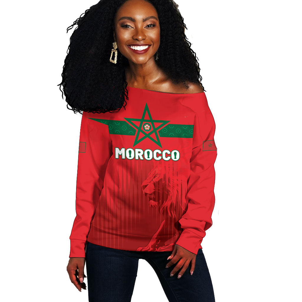 Custom Morocco Football 2026 Off Shoulder Sweater Atlas Lions Breathtaking Victory Red Version