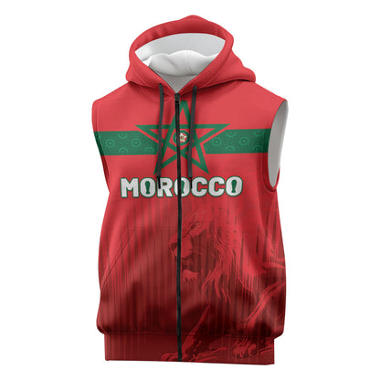 Custom Morocco Football 2026 Sleeveless Zip Hoodie Atlas Lions Breathtaking Victory Red Version