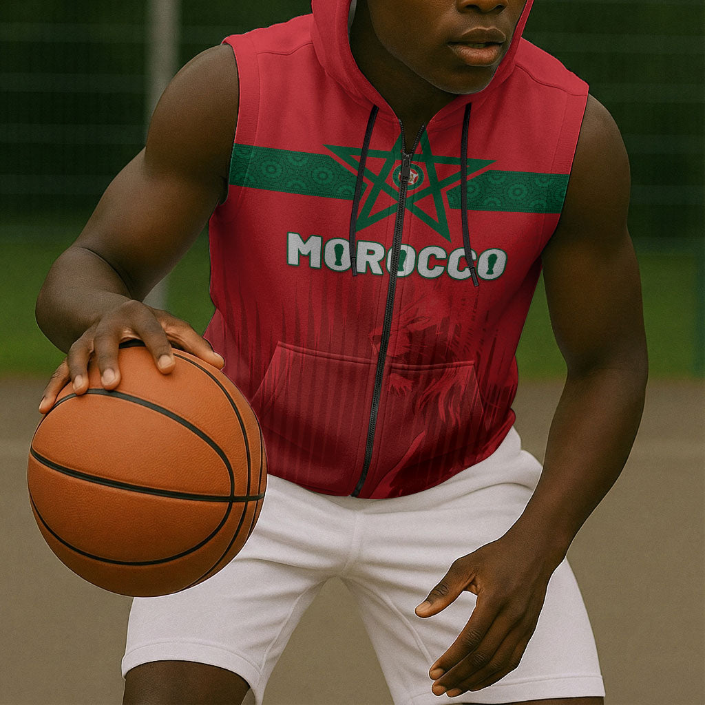 Custom Morocco Football 2026 Sleeveless Zip Hoodie Atlas Lions Breathtaking Victory Red Version