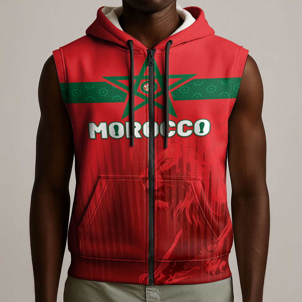 Custom Morocco Football 2026 Sleeveless Zip Hoodie Atlas Lions Breathtaking Victory Red Version