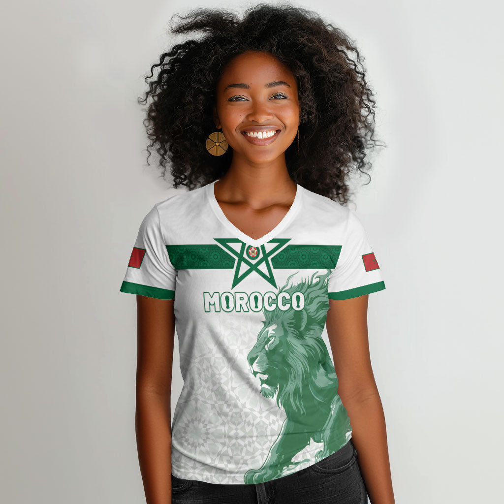 Custom Morocco Football 2026 Women V-Neck T-Shirt Atlas Lions Breathtaking Victory White Version