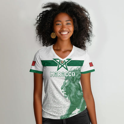Custom Morocco Football 2026 Women V-Neck T-Shirt Atlas Lions Breathtaking Victory White Version