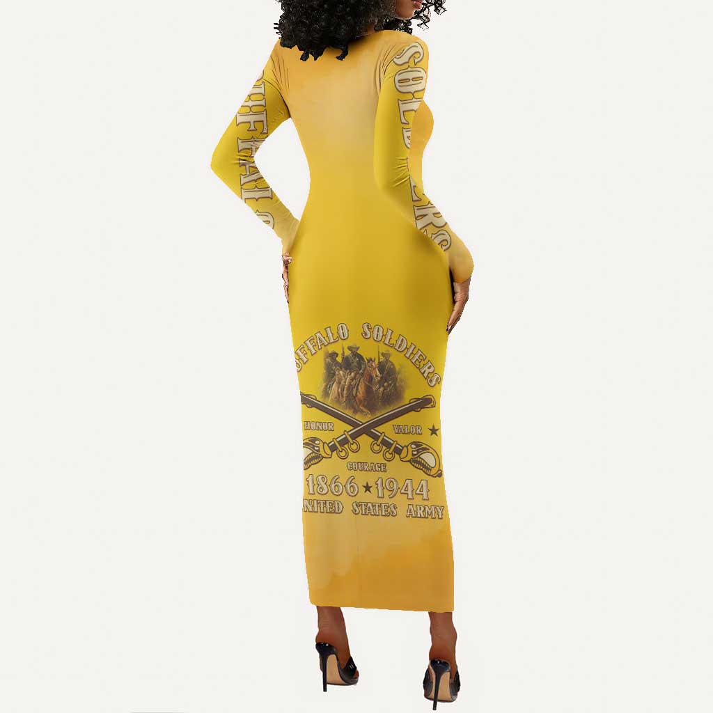 Honor Buffalo Soldiers Long Sleeve Bodycon Dress African American Cavalry Yellow Version - African Pride