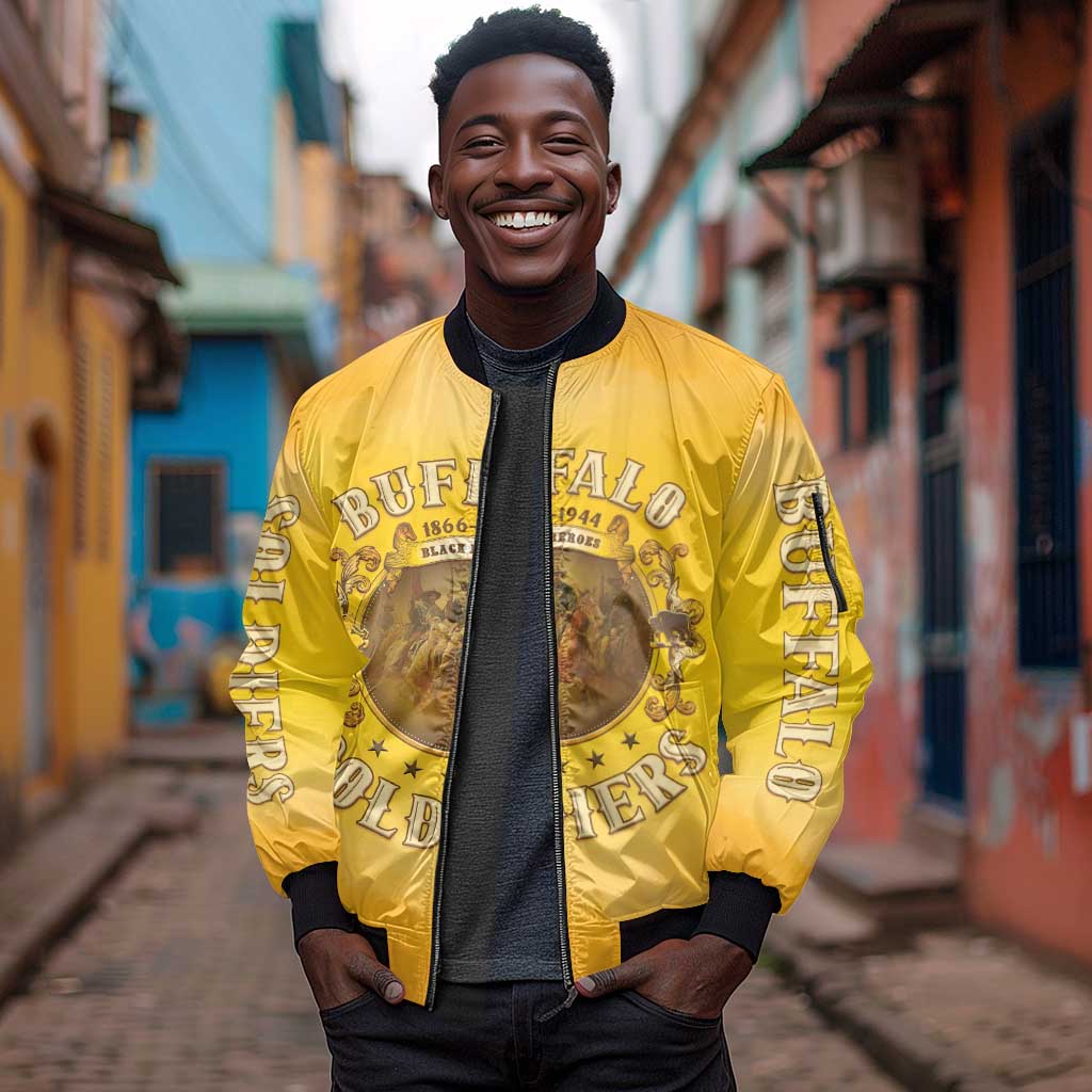 Honor Buffalo Soldiers Sleeve Zip Bomber Jacket African American Cavalry Yellow Version - African Pride