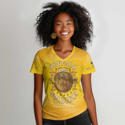 Honor Buffalo Soldiers Women V-Neck T-Shirt African American Cavalry Yellow Version - African Pride