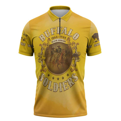 Honor Buffalo Soldiers Zipper Polo Shirt African American Cavalry Yellow Version
