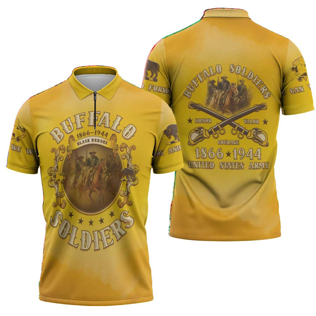 Honor Buffalo Soldiers Zipper Polo Shirt African American Cavalry Yellow Version