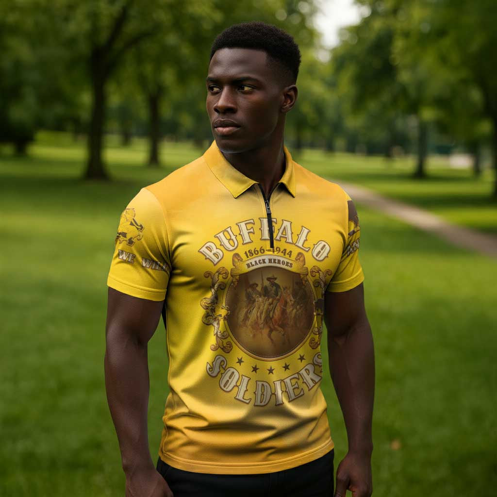 Honor Buffalo Soldiers Zipper Polo Shirt African American Cavalry Yellow Version