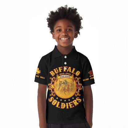 Honor Buffalo Soldiers Kid Polo Shirt African American Cavalry Black Version - African Pride
