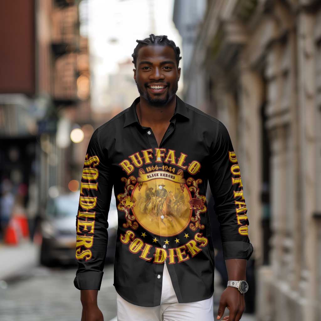 Honor Buffalo Soldiers Long Sleeve Button Shirt African American Cavalry Black Version - African Pride